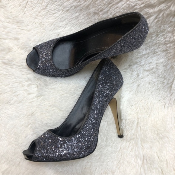 Nine West Silver Glitter Peep Toe Mirror Effect High Heels, 9 - Picture 9 of 11